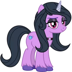 Size: 1024x1033 | Tagged: safe, artist:emeraldblast63, derpibooru import, izzy moonbow, pony, unicorn, eyeshadow, female, full body, g5, goth izzy, hooves, horn, image, lidded eyes, makeup, mare, png, show accurate, simple background, smiling, solo, standing, tail, transparent background, unshorn fetlocks, vector