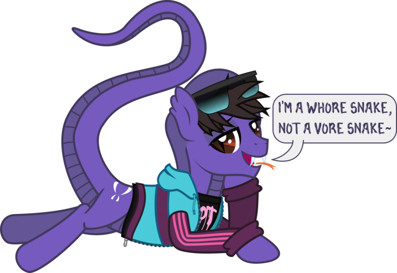 Size: 2310x1588 | Tagged: suggestive, artist:lightningbolt, derpibooru import, ponified, original species, pony, snake, snake pony, .svg available, clothes, cobra starship, derpibooru exclusive, dialogue, fangs, forked tongue, gabe saporta, hood, hoodie, image, implied prostitution, lidded eyes, looking at you, lying down, male, open mouth, png, prone, scales, shirt, simple background, slit pupils, snake tail, speech bubble, sunglasses, tail, tilde, transparent background, undershirt, vector, zipper