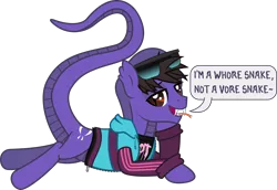 Size: 2310x1588 | Tagged: suggestive, artist:lightningbolt, derpibooru import, ponified, original species, pony, snake, snake pony, .svg available, clothes, cobra starship, derpibooru exclusive, dialogue, fangs, forked tongue, gabe saporta, hood, hoodie, image, implied prostitution, lidded eyes, looking at you, lying down, male, open mouth, png, prone, scales, shirt, simple background, slit pupils, snake tail, speech bubble, sunglasses, tail, tilde, transparent background, undershirt, vector, zipper