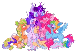 Size: 500x348 | Tagged: safe, artist:webkinzworldz, applejack, fluttershy, pinkie pie, rainbow dash, rarity, twilight sparkle, alicorn, earth pony, pegasus, pony, unicorn, alternate design, blushing, braid, braided tail, cloven hooves, coat markings, colored hooves, colored wings, eyes closed, female, group, heart mark, hoof fluff, image, leonine tail, looking at each other, lying down, mane six, mare, missing cutie mark, mottled coat, multicolored hair, png, simple background, sitting, smiling, socks (coat marking), transparent background, twitterina design, unshorn fetlocks, wings