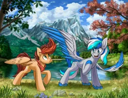 Size: 4096x3157 | Tagged: safe, artist:kaylerustone, derpibooru import, oc, oc:hawker hurricane, oc:kayle rustone, unofficial characters only, pegasus, pony, bandana, cloud, grass, image, jpeg, lake, looking away, looking up, mountain, nature, open mouth, raised hoof, scenery, scenery porn, smiling, spread wings, teaching, tree, water, wings