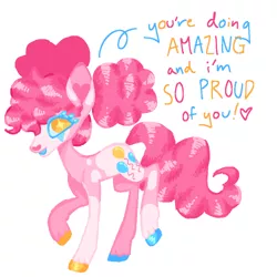 Size: 500x500 | Tagged: safe, artist:webkinzworldz, pinkie pie, earth pony, pony, alternate design, bald face, coat markings, colored hooves, curly hair, female, heart, image, looking at you, mare, mottled coat, multicolored hooves, pigtails, png, positive ponies, simple background, snip (coat marking), solo, text, twitterina design, unshorn fetlocks, white background