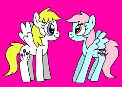 Size: 974x698 | Tagged: source needed, safe, artist:goldilocksofflowers, derpibooru import, surprise, wind whistler, pegasus, pony, adoraprise, amused, best friends, crush, cute, duo, female, friends, frown, g1, g1 to g4, g4, generation leap, image, lesbian, magenta background, mare, png, shipping, simple background, smiling, surprise is amused, unamused, varying degrees of want, whistlerbetes, whistlerprise, wind whistler is not amused