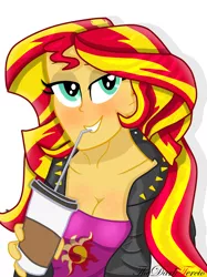 Size: 1280x1707 | Tagged: suggestive, artist:thedarktercio, derpibooru import, sunset shimmer, equestria girls, breasts, busty sunset shimmer, coffee, cute, female, image, jpeg, looking at you, simple background, smiling, smiling at you, solo