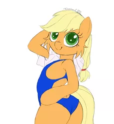 Size: 1080x1180 | Tagged: safe, artist:fajnyziomal, derpibooru import, applejack, earth pony, pony, cheek fluff, clothes, commission, cute, image, jackabetes, jpeg, solo, swimsuit, towel, your character here