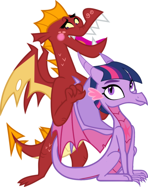Size: 1280x1617 | Tagged: safe, artist:ponygamer2020, derpibooru import, garble, twilight sparkle, dragon, behaving like a bird, blushing, colored wings, cute, dragon wings, dragoness, dragonified, duo, duo male and female, ear fluff, embarrassed, eyebrows, female, freckles, gardorable, hair, horn, image, looking at you, male, massage, multicolored wings, open mouth, open smile, png, simple background, sitting, smiling, smiling at you, species swap, transparent background, twiabetes, twilidragon, vector, wings