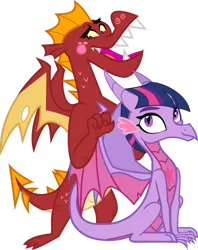 Size: 1280x1617 | Tagged: safe, artist:ponygamer2020, derpibooru import, garble, twilight sparkle, dragon, behaving like a bird, blushing, colored wings, cute, dragon wings, dragoness, dragonified, duo, duo male and female, ear fluff, embarrassed, eyebrows, female, freckles, gardorable, hair, horn, image, looking at you, male, massage, multicolored wings, open mouth, open smile, png, simple background, sitting, smiling, smiling at you, species swap, transparent background, twiabetes, twilidragon, vector, wings