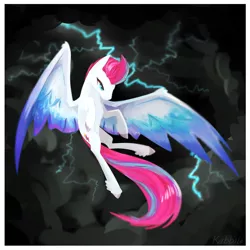 Size: 1280x1280 | Tagged: safe, artist:pointdelta, derpibooru import, zipp storm, pegasus, pony, cloud, female, flying, g5, image, jpeg, lightning, mare, signature, solo, spread wings, storm, thunderstorm, wings
