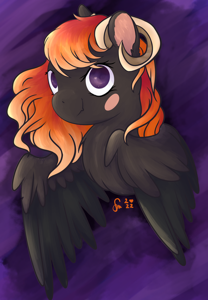 Size: 2144x3088 | Tagged: safe, artist:solmel22, derpibooru import, oc, oc:solitude, hybrid, wolf, wolf pony, bust, horns, image, png, portrait, wings