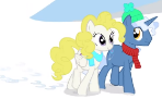 Size: 148x91 | Tagged: safe, artist:sillyfillystudios, derpibooru import, pokey pierce, surprise, pegasus, pony, unicorn, snowdrop (animation), clothes, colt, female, foal, hat, horn, image, male, mare, png, scarf, smiling, snow, stallion, walking, wings, youtube link