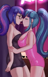 Size: 1283x2048 | Tagged: suggestive, artist:thebrokencog, derpibooru import, sci-twi, sonata dusk, twilight sparkle, fanfic:our adorable trophy nerd, equestria girls, against wall, big breasts, breasts, busty sci-twi, busty sonata dusk, busty twilight sparkle, clothes, commission, dress, duo, duo female, eyebrows, eyebrows visible through hair, eyes closed, eyeshadow, fanfic art, female, french kiss, glasses, human coloration, image, kissing, latex, latex dress, lesbian, makeup, minidress, open mouth, pink dress, png, ponytail, sci-twinata, shipping, stripper pole, tongue out, tongue play, twinata