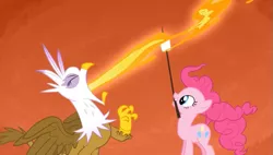 Size: 667x380 | Tagged: safe, derpibooru import, screencap, gilda, pinkie pie, earth pony, gryphon, pony, griffon the brush off, season 1, eyes closed, female, fire, fire breath, food, image, mare, marshmallow, mouth hold, png, smiling, youtube link