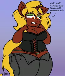 Size: 3000x3500 | Tagged: suggestive, artist:zeldafan777, derpibooru import, oc, oc:totty, unofficial characters only, anthro, unicorn, 2021, clothes, colored, corset, image, jeans, jpeg, long hair, panties, pants, solo, tight clothing, underwear, worried