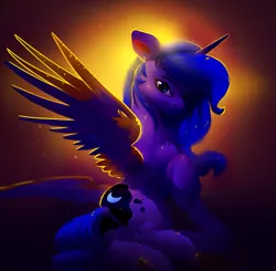 Size: 1595x1563 | Tagged: safe, artist:itssim, derpibooru import, princess luna, alicorn, pony, chest fluff, cute, female, image, looking at you, lunabetes, mare, png, raised hoof, sitting, smiling, smiling at you, solo, spread wings, wings