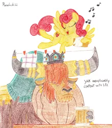 Size: 1680x1920 | Tagged: safe, artist:roseluck, derpibooru import, prince rutherford, strawberry sunrise, pegasus, pony, yak, basket, bell, clothes line, clothespin, colored pencil drawing, crown, dialogue, duo, duo male and female, ear piercing, earring, female, flying, horns, image, jewelry, laundry, laundry basket, male, mare, mug, music notes, piercing, png, regalia, simple background, singing, smiling, spread wings, table, tail, traditional art, white background, wings