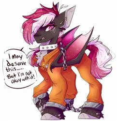 Size: 1983x2048 | Tagged: safe, artist:heart-sketch, derpibooru import, oc, oc:rossalita, unofficial characters only, bat pony, bat pony oc, bat wings, bound wings, chained, clothes, collar, cuffs, image, jpeg, prison outfit, prisoner, shackles, solo, text, wings
