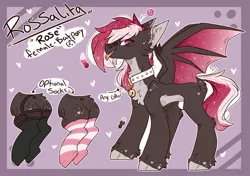 Size: 2436x1713 | Tagged: safe, artist:heart-sketch, derpibooru import, oc, oc:rossalita, unofficial characters only, bat pony, bat pony oc, bat wings, bell, bell collar, clothes, collar, female, image, jpeg, reference sheet, socks, solo, striped socks, wings