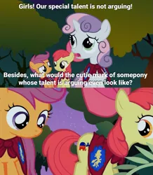 Size: 661x758 | Tagged: safe, derpibooru import, edit, edited screencap, screencap, apple bloom, scootaloo, sweetie belle, donkey, earth pony, elephant, pegasus, pony, unicorn, season 1, stare master, bow, cape, caption, clothes, cmc cape, cutie mark, cutie mark crusaders, democrat, everfree forest, female, filly, foal, hair bow, horn, image, image macro, mare, meme, night, open mouth, png, politics, republican, stars, text, tree