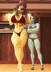 Size: 3000x4200 | Tagged: suggestive, artist:dashie116, derpibooru import, fluttershy, rainbow dash, anthro, 3d, abs, alternate hairstyle, big breasts, bikini, breasts, busty fluttershy, clothes, daz studio, duo, duo female, female, height difference, high heels, image, muscles, muscleshy, muscular female, png, rainbuff dash, selfie, shoes, size difference, swimsuit, unamused