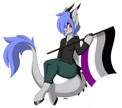 Size: 2182x1938 | Tagged: safe, artist:melodytheartpony, derpibooru import, oc, oc:melody silver, anthro, dracony, dragon, hybrid, asexual, asexual artist, asexual pride flag, beautiful, clothes, cute, fangs, female, happy, horns, image, looking at you, pants, png, pride, pride flag, pride month, rule 63, signature, simple background, slit pupils, smiling, solo, solo female, sweater, white background