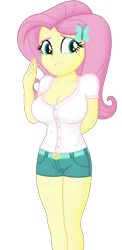 Size: 1165x2385 | Tagged: suggestive, derpibooru import, edit, editor:ah96, fluttershy, equestria girls, arm behind back, big breasts, breast edit, breasts, busty fluttershy, cleavage, female, grin, image, looking at you, ms paint, png, shading, shy, shy smile, simple background, smiling, smiling at you, solo, solo female, transparent background
