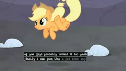 Size: 1440x810 | Tagged: suggestive, derpibooru import, edit, edited screencap, screencap, applejack, earth pony, pony, the cutie map, caption, female, image, jpeg, jumping, meme, solo, subtitles, vulgar, youtube caption