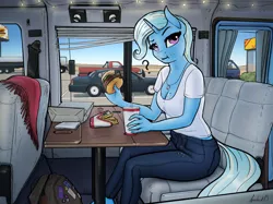 Size: 3308x2480 | Tagged: safe, artist:apocheck13, derpibooru import, trixie, anthro, unicorn, burger, car, drink, drinking straw, food, french fries, image, looking at you, meat, parking lot, png, ponies eating meat, question mark, truck, van