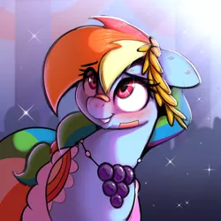 Size: 2416x2420 | Tagged: safe, artist:welost, derpibooru import, rainbow dash, pegasus, pony, bandage, clothes, derpibooru exclusive, dress, female, gala dress, image, mare, png, scenery