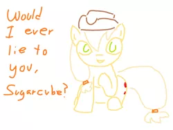 Size: 1200x900 | Tagged: safe, artist:purblehoers, derpibooru import, applejack, earth pony, pony, applejack's hat, cowboy hat, female, green eyes, hat, honesty, image, looking at you, mare, ms paint, png, raised hoof, simple background, sitting, solo, talking to viewer, text, white background