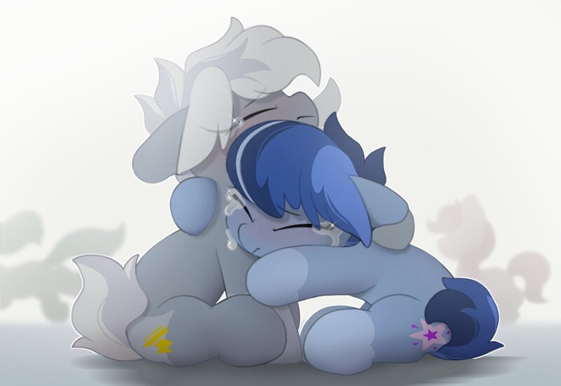 Size: 3035x2089 | Tagged: safe, artist:mochi_nation, derpibooru import, oc, oc:galaxy, oc:silver bolt, unofficial characters only, earth pony, pony, crying, duo focus, female, floppy ears, frown, hug, image, jpeg, mare, wavy mouth