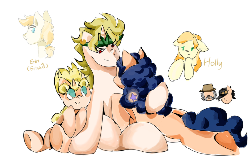 Size: 2400x1600 | Tagged: safe, artist:wimple, derpibooru import, earth pony, pony, undead, unicorn, vampire, vampony, anime, crossover, dio brando, erina pendleton, family, female, giorno giovanna, half r63 shipping, holly joestar, image, jojo's bizarre adventure, jonathan joestar, joseph joestar, jotaro kujo, male, png, red eyes, rule 63, shipping, simple background, straight, white background