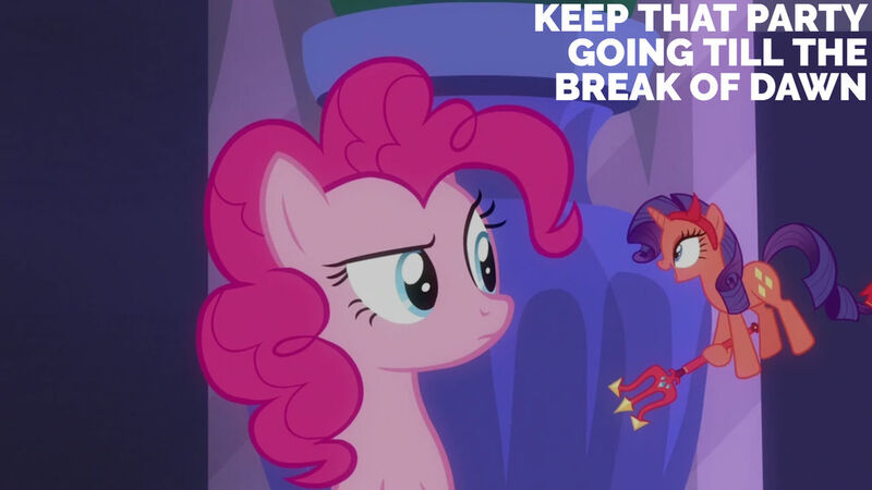 Size: 1280x720 | Tagged: safe, derpibooru import, edit, edited screencap, editor:quoterific, screencap, pinkie pie, rarity, earth pony, pony, unicorn, season 6, the saddle row review, devil rarity, duo, female, image, jpeg, mare, open mouth, open smile, smiling, text