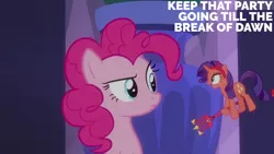 Size: 1280x720 | Tagged: safe, derpibooru import, edit, edited screencap, editor:quoterific, screencap, pinkie pie, rarity, earth pony, pony, unicorn, season 6, the saddle row review, devil rarity, duo, female, image, jpeg, mare, open mouth, open smile, smiling, text