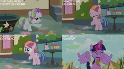 Size: 1280x720 | Tagged: safe, derpibooru import, edit, edited screencap, editor:quoterific, screencap, coconut cream, toola roola, twilight sparkle, twilight sparkle (alicorn), alicorn, earth pony, pony, fame and misfortune, season 7, eyes closed, female, filly, foal, food, hooves to the chest, ice cream, image, jpeg, magic, mare, open mouth, spread wings, telekinesis, text, trio, wings