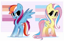 Size: 2673x1704 | Tagged: safe, artist:syrupyyy, derpibooru import, fluttershy, rainbow dash, pegasus, pony, abstract background, alternate cutie mark, alternate hairstyle, bow, duo, duo female, eye clipping through hair, eyebrows, eyebrows visible through hair, female, headcanon, image, jpeg, lesbian, lesbian pride flag, lgbt, lgbt headcanon, mouthpiece, pride, pride flag, simple background, smiling, tail, tail bow, trans female, transgender, transgender pride flag