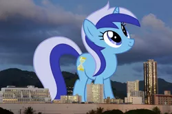 Size: 1920x1278 | Tagged: safe, artist:dashiesparkle, artist:thegiantponyfan, derpibooru import, minuette, pony, unicorn, female, giant pony, giant unicorn, giantess, hawaii, highrise ponies, honolulu, image, irl, macro, mare, mega giant, mega/giant minuette, photo, png, ponies in real life, smiling