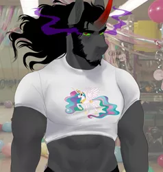 Size: 1952x2048 | Tagged: safe, artist:ghoulhowls, derpibooru import, king sombra, princess celestia, anthro, unicorn, abs, beard, clothes, facial hair, ill-fitting clothes, image, john cena, jpeg, looking at you, male, muscles, muscular male, playing with fire, shirt, signature, small clothes, solo, sombra eyes, tight clothing, unamused