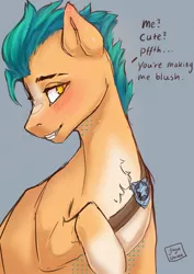 Size: 848x1199 | Tagged: safe, artist:jaynsparkle, derpibooru import, hitch trailblazer, earth pony, pony, blushing, chest fluff, cute, dialogue, g5, image, jpeg, male, raised hoof, sheriff's badge, simple background, solo, stallion