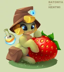 Size: 2860x3212 | Tagged: safe, derpibooru import, oc, oc:goldy flask, unofficial characters only, earth pony, pony, flask, food, hat, image, png, potion, solo, strawberry