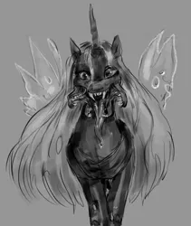 Size: 3460x4096 | Tagged: semi-grimdark, artist:misstwipietwins, derpibooru import, queen chrysalis, changeling, changeling queen, adoracreepy, black and white, body horror, creepy, cute, fangs, female, grayscale, image, jpeg, long tongue, looking at you, mandibles, maw, monochrome, nightmare fuel, predator, simple background, sketch, solo, tongue out