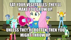 Size: 800x450 | Tagged: safe, derpibooru import, edit, edited screencap, screencap, fluttershy, eqg summertime shorts, equestria girls, steps of pep, caption, dave the barbarian, image, image macro, png, text