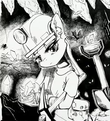 Size: 3456x3792 | Tagged: safe, artist:ph平和, derpibooru import, maud pie, bat, earth pony, grottoling, original species, pony, spider, bag, bangs, bipedal, black and white, black and white cartoon, boots, cave, clothes, crystal, grayscale, helmet, high res, image, jpeg, lonely, miner, monochrome, pickaxe, saddle bag, shoes, shovel, solo, spade