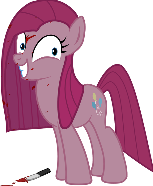 Size: 1024x1241 | Tagged: semi-grimdark, derpibooru import, pinkie pie, earth pony, pony, blood, female, image, knife, my little pony, pinkamena diane pie, png, simple background, smiling, solo, solo female, white background