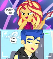 Size: 1920x2160 | Tagged: safe, derpibooru import, edit, edited screencap, screencap, flash sentry, sunset shimmer, best trends forever, equestria girls, equestria girls series, spring breakdown, spoiler:eqg series (season 2), bedroom eyes, camera, electric guitar, female, flashimmer, guitar, image, male, musical instrument, nickname, png, shipping, shipping domino, speech bubble, straight