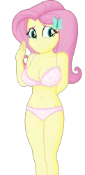 Size: 1165x2385 | Tagged: suggestive, derpibooru import, edit, editor:ah96, fluttershy, equestria girls, arm behind back, belly button, big breasts, bra, breast edit, breasts, busty fluttershy, cleavage, clothes, female, grin, image, looking at you, ms paint, panties, png, shading, shy, shy smile, simple background, smiling, smiling at you, solo, solo female, transparent background, underwear, underwear edit