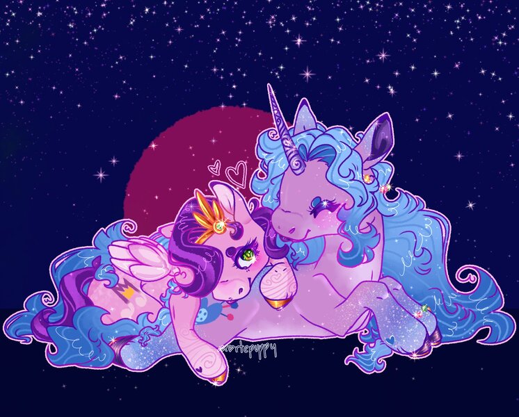 Size: 1910x1536 | Tagged: safe, artist:mortepuppy, derpibooru import, izzy moonbow, pipp petals, pegasus, pony, unicorn, abstract background, bracelet, cuddling, curved horn, duo, duo female, female, g5, hair accessory, heart, hoof shoes, horn, image, jewelry, jpeg, lesbian, looking at each other, looking at someone, lying down, lying on top of someone, prone, shipping, sparkles, tongue out