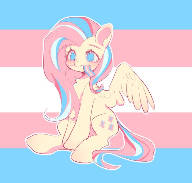 Size: 2048x1952 | Tagged: safe, artist:leafywind, derpibooru import, fluttershy, pegasus, pony, alternate hairstyle, female, headcanon, image, jpeg, lgbt headcanon, mare, pride, pride flag, sitting, solo, trans female, transgender, transgender pride flag