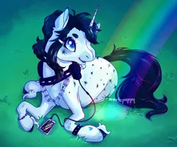 Size: 1751x1456 | Tagged: safe, artist:mortepuppy, derpibooru import, oc, unofficial characters only, pony, unicorn, bracelet, chains, coat markings, collar, facial hair, facial markings, goatee, headphones, image, jpeg, male, mobile phone, music player, phone, rainbow, smartphone, spiked collar, spiked wristband, stallion, unshorn fetlocks, wristband