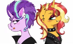 Size: 1800x1080 | Tagged: safe, artist:dsstoner, artist:hrukii, derpibooru import, starlight glimmer, sunset shimmer, pony, unicorn, choker, clothes, crucifix, curved horn, duo, duo female, ear piercing, earring, emo, eyebrow piercing, female, horn, image, jacket, jewelry, jpeg, leather jacket, lip piercing, mare, piercing, skull, snake bites, spiked choker, tongue out