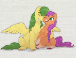 Size: 3231x2500 | Tagged: safe, artist:shaslan, derpibooru import, sunny starscout, oc, oc:aurora dawn, earth pony, pegasus, pony, female, g5, happy, hug, image, male, mare, png, smiling, stallion